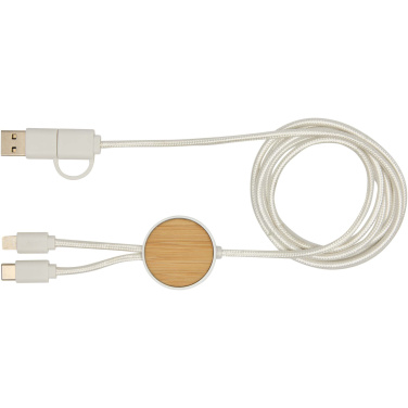 Logotrade Firmengeschenke das Foto: Chechia 150 cm 5-in-1 Kabel aus recyceltem Kunststoff für Datenübertragung und 27W Schnellladung mit Bambusdetails