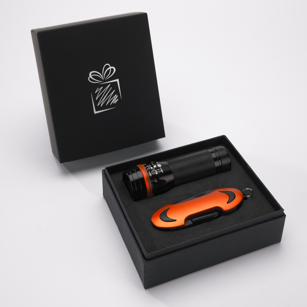 Logotrade corporate gift image of: SET COLORADO I: LED TORCH AND A POCKET KNIFE, orange