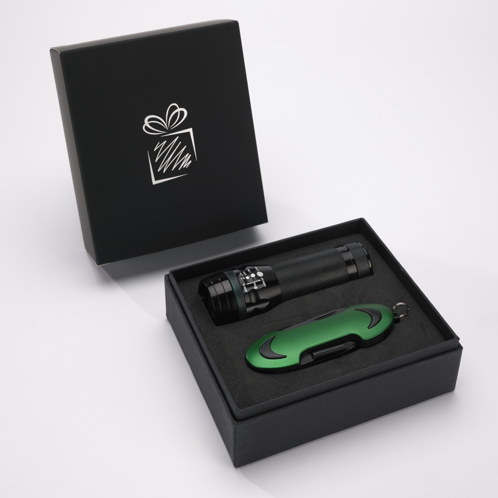 Logo trade promotional merchandise photo of: SET COLORADO I: LED TORCH AND A POCKET KNIFE, green