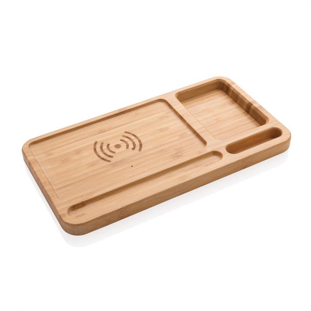 Logo trade business gift photo of: Bamboo desk organizer 5W wireless charger, brown