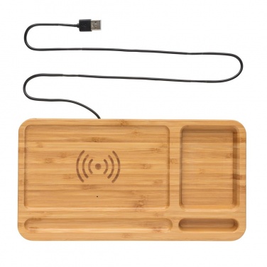 Logo trade business gifts image of: Bamboo desk organizer 5W wireless charger, brown