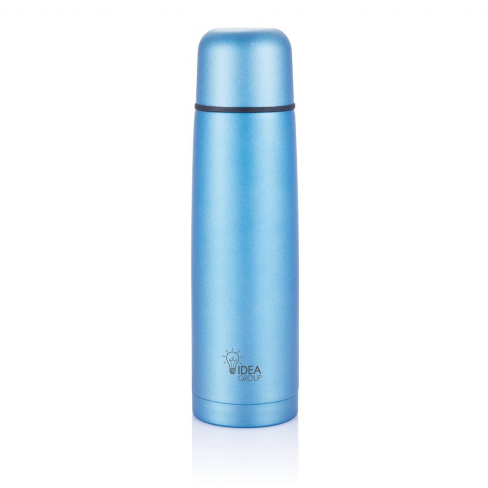 Logo trade advertising product photo of: Stainless steel flask, blue with personalized name, sleeve, gift wrap