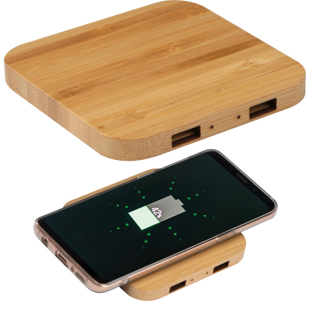 Logotrade corporate gifts photo of: Bamboo Wireless Charger with 2 USB ports, Beige
