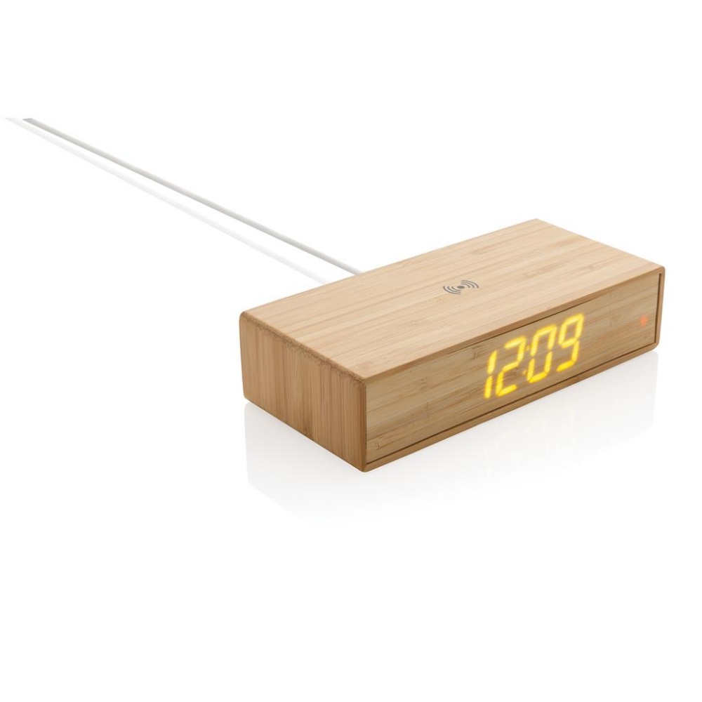Logotrade promotional products photo of: Bamboo alarm clock with 5W wireless charger, brown