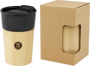 Porcelain thermos mug with Coffee to Go logo and bamboo finish Pereira 320 ml, black