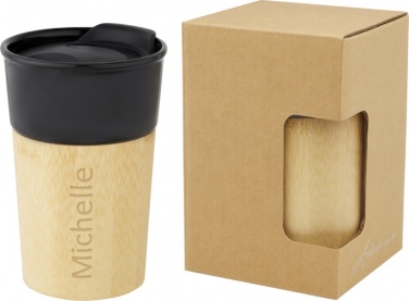 Michelle letter laser engraved porcelain thermos with bamboo finish Pereira 320 ml promotional photo