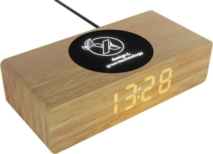 Logotrade promotional product image of: Wireless wooden charging station  and clock W30 10W - Natural ,black