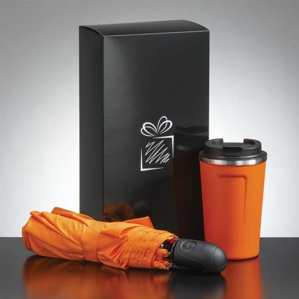 Logotrade promotional giveaway image of: Traveller set: thermal mug 350 ml and full automatic umbrella, orange