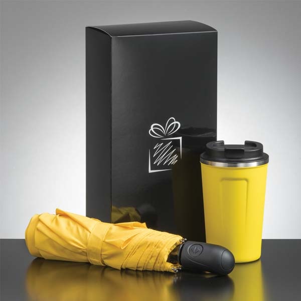 Logo trade promotional gifts picture of: Traveller set: thermal mug 350 ml and full automatic umbrella, yellow