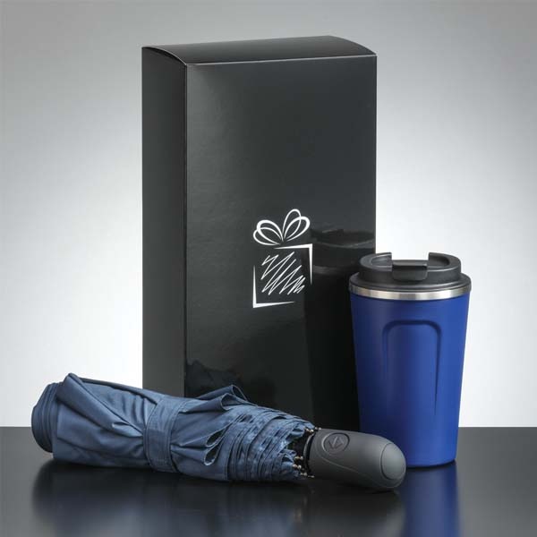 Logo trade corporate gifts picture of: Traveller set: thermal mug 350 ml and full automatic umbrella, blue