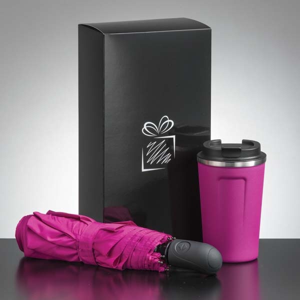 Logotrade promotional item image of: Traveller set: thermal mug 350 ml and full automatic umbrella, pink