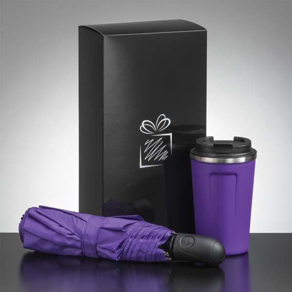 Logotrade promotional gift picture of: Traveller set: thermal mug 350 ml and full automatic umbrella, purple