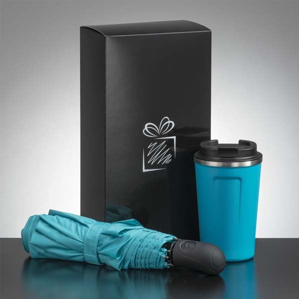 Logo trade business gifts image of: Traveller set: thermal mug 350 ml and umbrella, turquoise