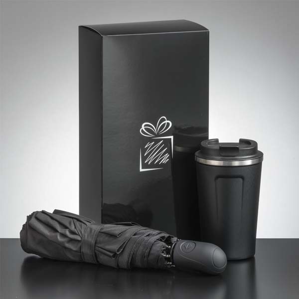 Logotrade promotional products photo of: Traveller set: thermal mug 350 ml and full automatic umbrella, black