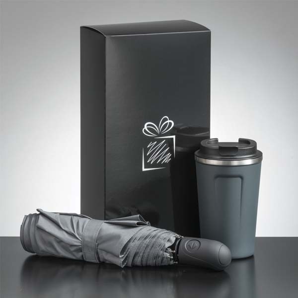 Logo trade corporate gifts image of: Traveller set: thermal mug 350 ml and full automatic umbrella, gray