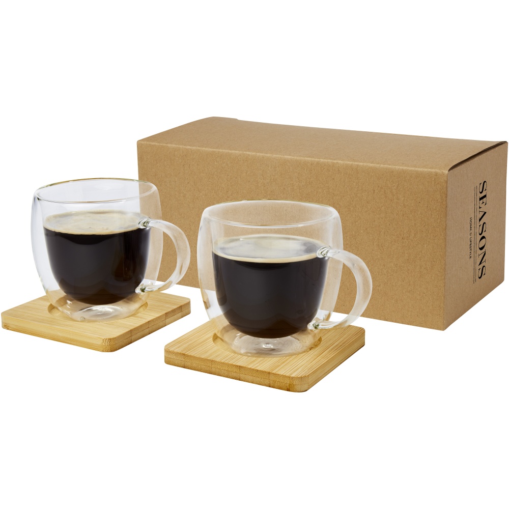 Logotrade promotional items photo of: Manti 2-piece 250 ml double-wall glass cup with bamboo coaster 