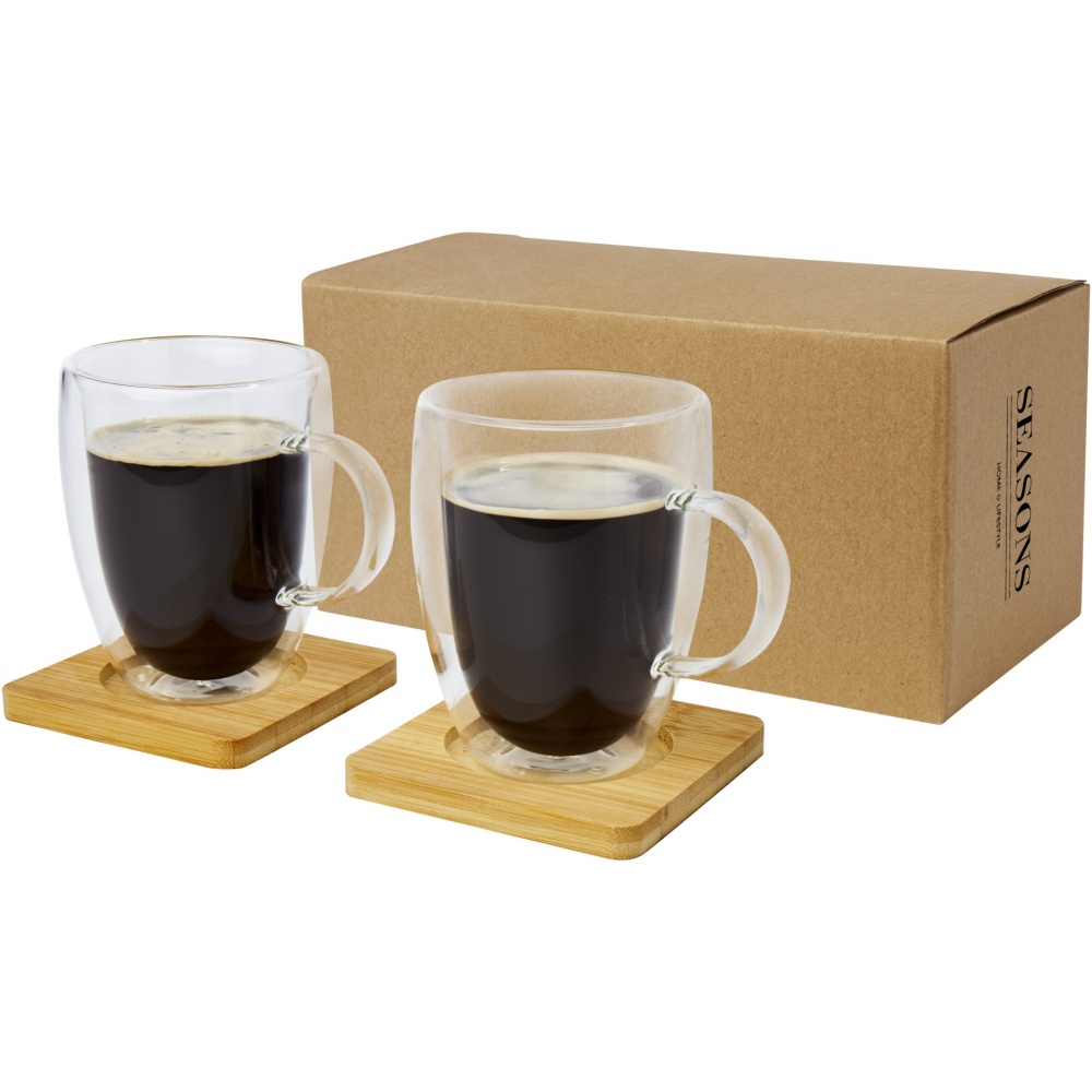 Logotrade advertising products photo of: Manti 2-piece 350 ml double-wall glass cup with bamboo coaster 