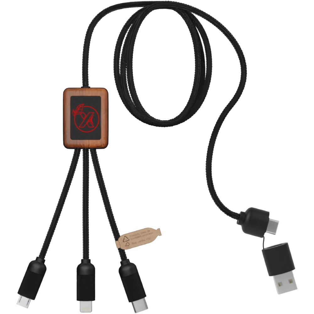 Logo trade promotional gifts image of: SCX.design C38 5-in-1 rPET light-up logo charging cable with squared wooden casing