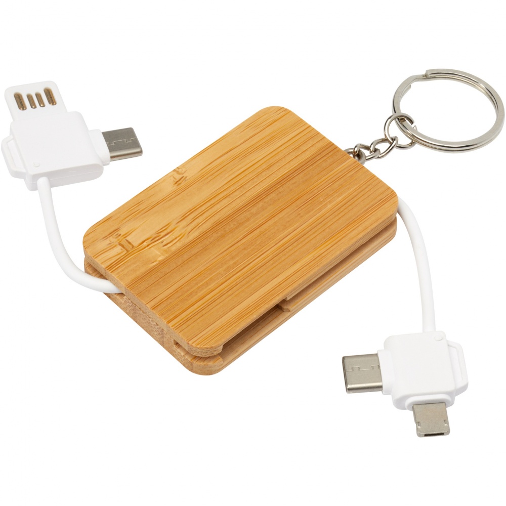 Logo trade promotional products image of: Reel 6-in-1 retractable bamboo key ring charging cable