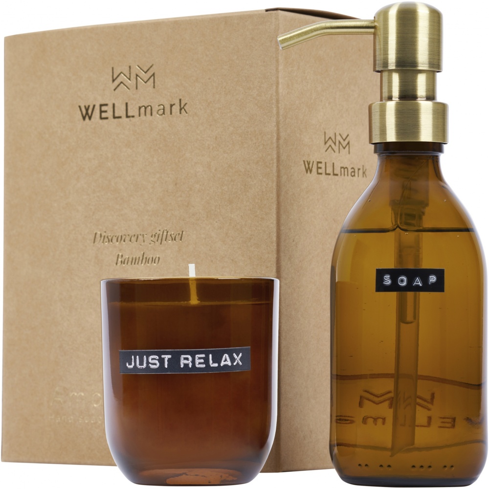 Logotrade advertising product image of: Wellmark Discovery 200 ml hand soap dispenser and 150 g scented candle set - bamboo fragrance