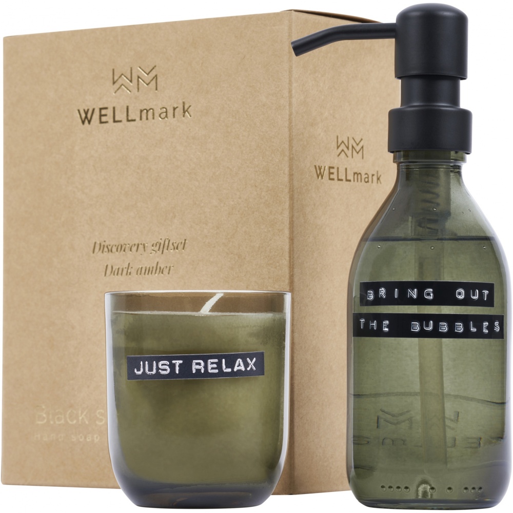 Logo trade business gifts image of: Wellmark Discovery 200 ml hand soap dispenser and 150 g scented candle set - dark amber fragrance