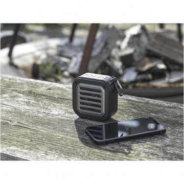 Logotrade promotional merchandise photo of: Solo 3W IPX5 RCS recycled plastic solar Bluetooth® speaker with carabiner 