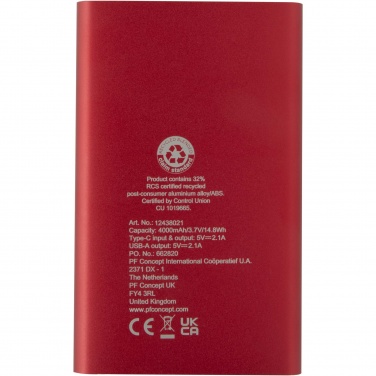 Logo trade promotional items picture of: Pep 4000 mAh Type-C recycled aluminium power bank 