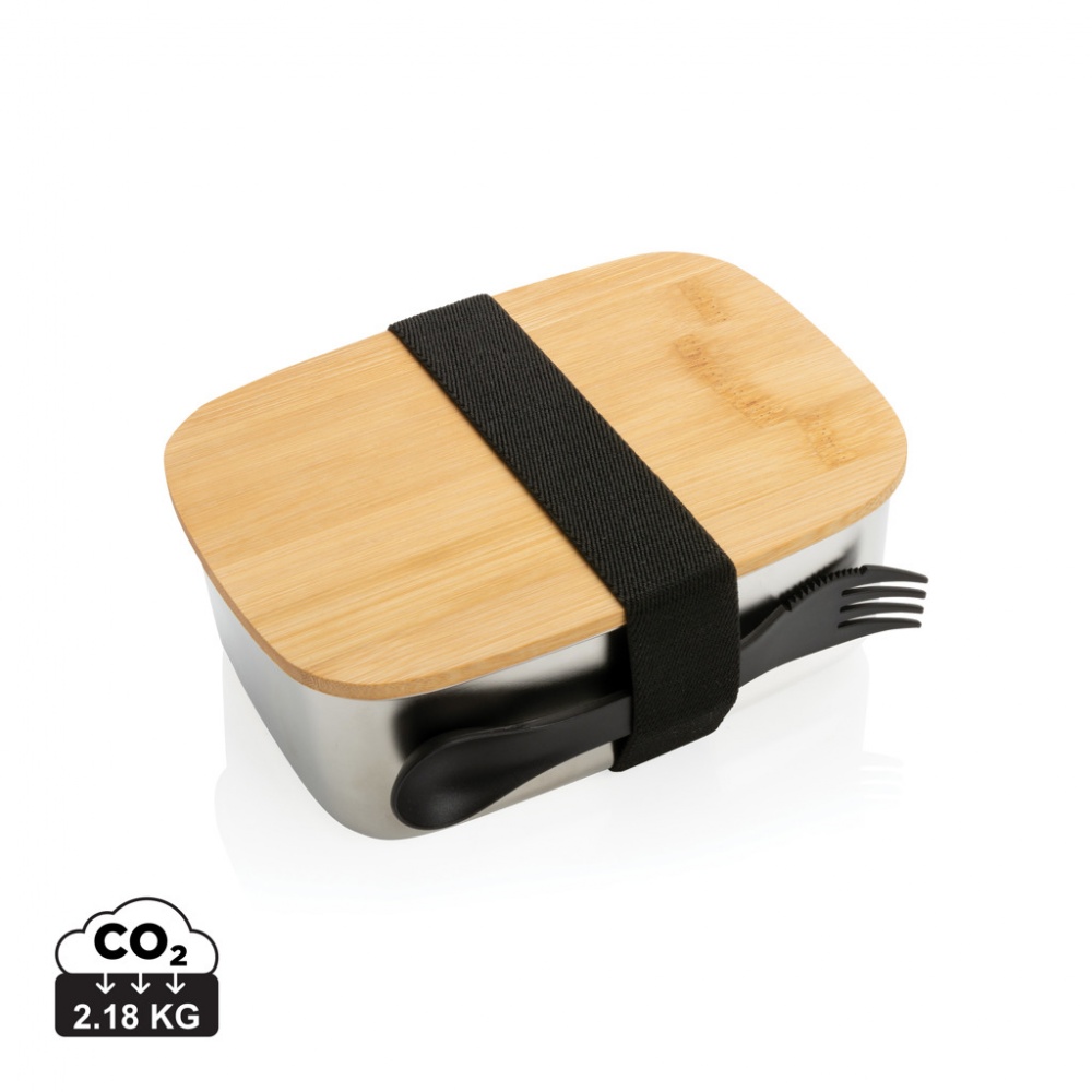 Logotrade corporate gift picture of: Stainless steel lunchbox with bamboo lid and spork