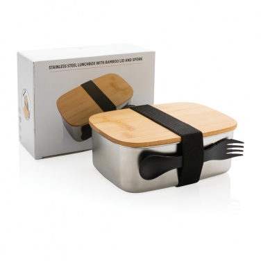 Logotrade promotional product image of: Stainless steel lunchbox with bamboo lid and spork