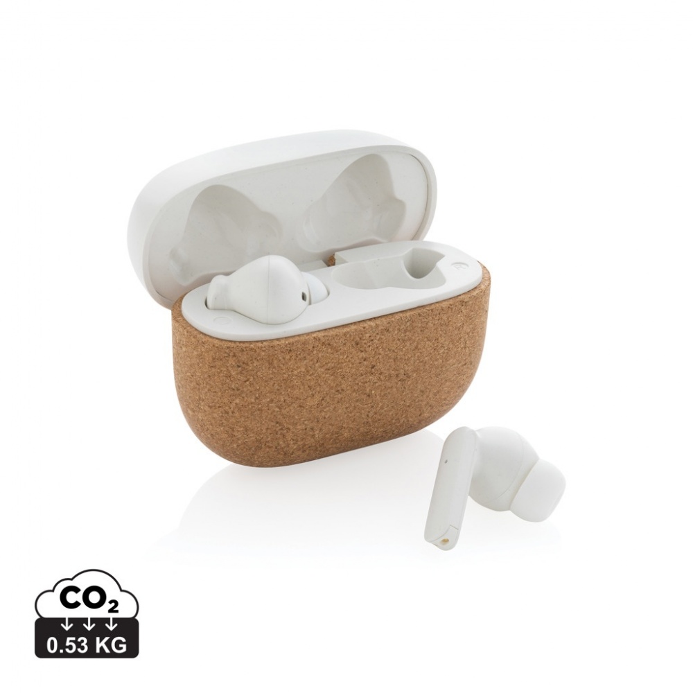 Logo trade promotional merchandise image of: Oregon RCS recycled plastic and cork TWS earbuds