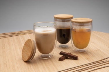 Logo trade business gifts image of: Double wall borosilicate glass with bamboo lid 350ml 2pc set