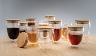 Logotrade promotional gift picture of: Double wall borosilicate glass with bamboo lid 350ml 2pc set