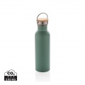 Modern stainless steel bottle with bamboo lid, green