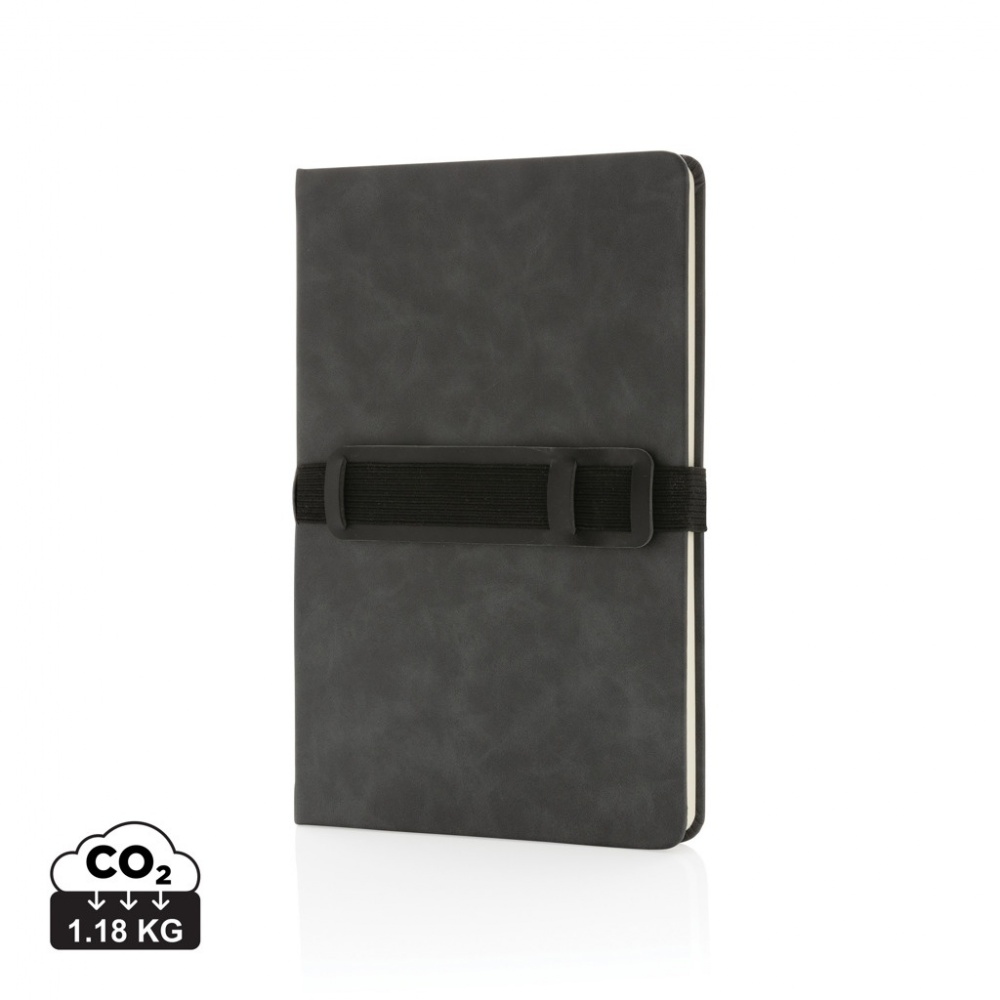 Logotrade promotional giveaway image of: Deluxe hardcover PU notebook A5 with phone and pen holder