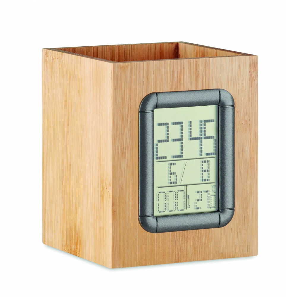 Logo trade corporate gift photo of: Bamboo pen holder and LCD clock