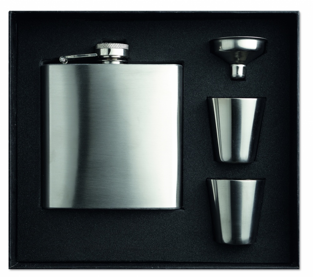 Logo trade corporate gifts picture of: Slim hip flask w 2 cups set