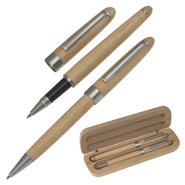 Logo trade promotional giveaways image of: Wooden writing set ballpen and roller INDIANAPOLIS