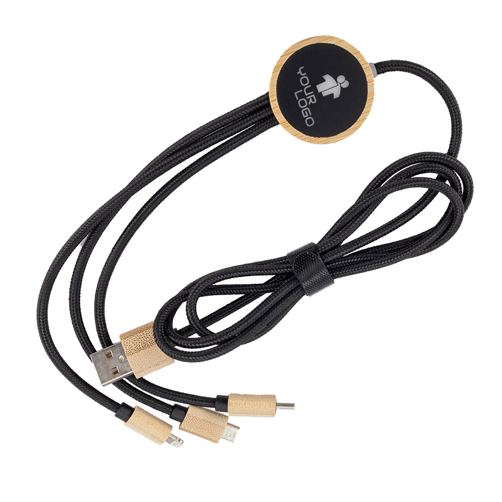 Logo trade promotional products image of: 3-in-1 cable with elighted logo in a wooden casing, LH-ZMU06