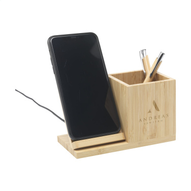 Logo trade corporate gifts picture of: Bamboo Boss 15W charger/pen holder