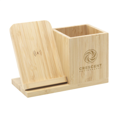 Logo trade business gift photo of: Bamboo Boss 15W charger/pen holder