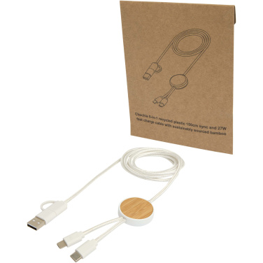 Logotrade promotional items photo of: Chechia 5-in-1 recycled plastic 150 cm data sync and 27W fast charge cable with bamboo details