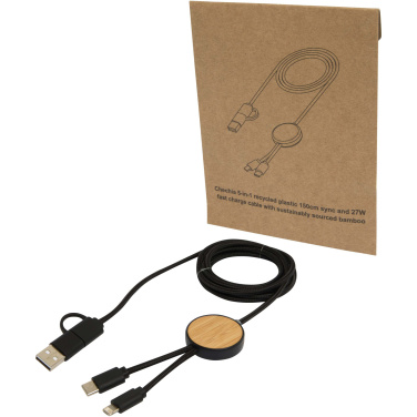 Logotrade promotional products photo of: Chechia 5-in-1 recycled plastic 150 cm data sync and 27W fast charge cable with bamboo details