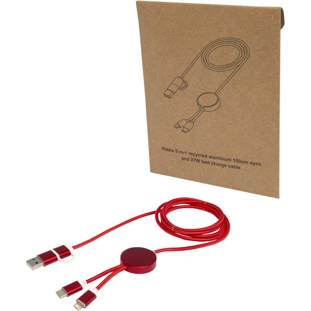 Logo trade promotional gifts image of: Alasia 5-in-1 recycled aluminium and plastic 150 cm data sync and 27W fast charge cable