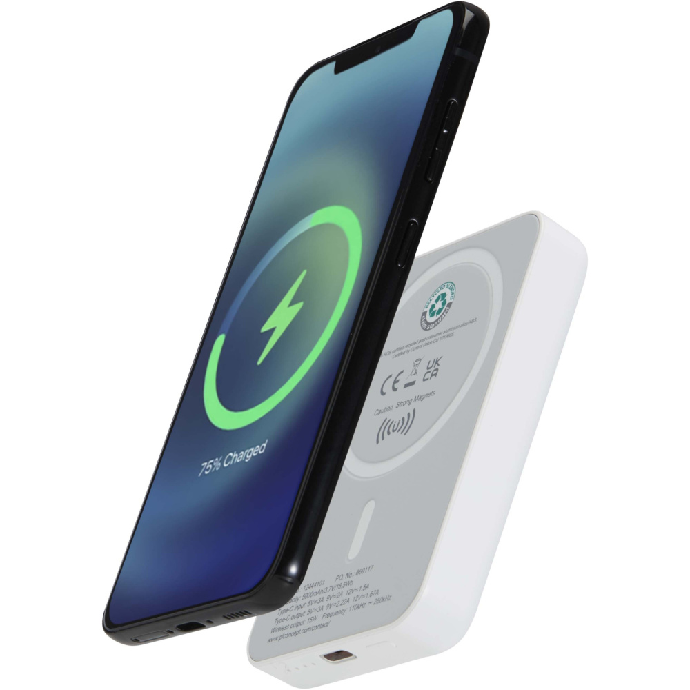 Logotrade advertising products photo of: Acrab 5000 mAh 15W magnetic wireless power bank with 20W PD - made from recycled plastic