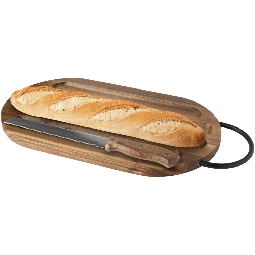 Logotrade advertising products photo of: Prestige acacia wood chopping board with bread knife