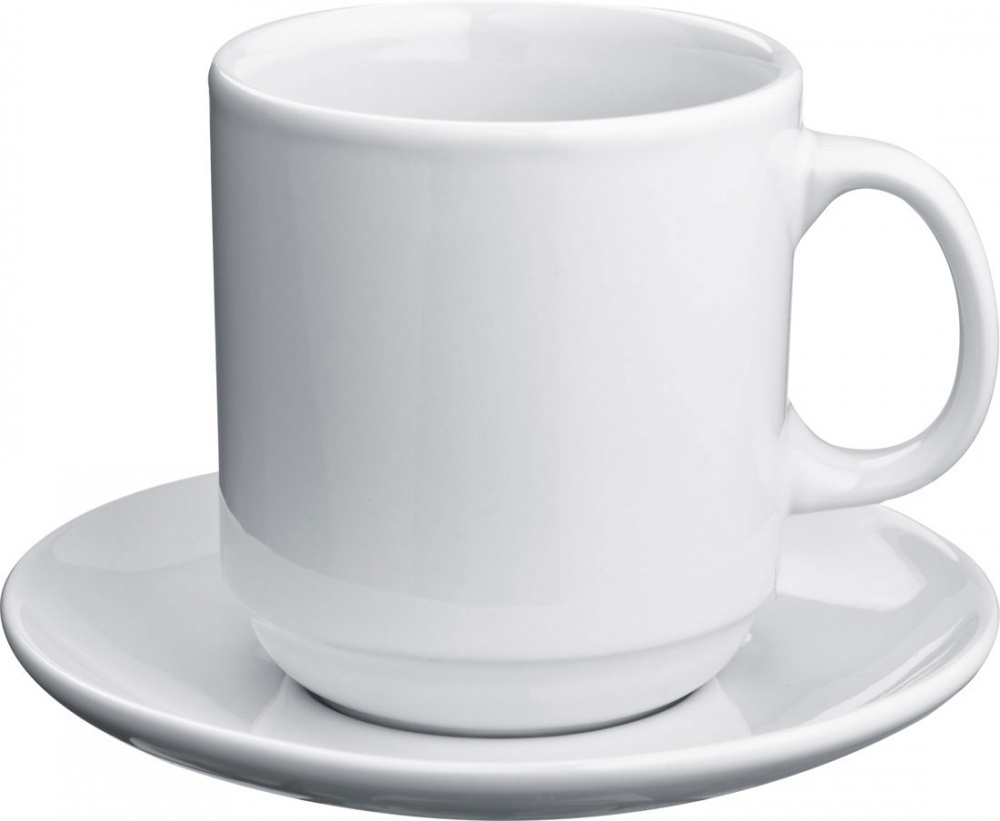 Logotrade liikelahjat mainoslahjat tuotekuva: Kahvimuki ja lautanen, valkoinen