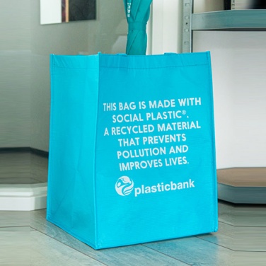 Logo trade liikelahja mainoslahja tuotekuva: Kierrätysmuovinen (RPET) ostoskassi, turkoosinsininen