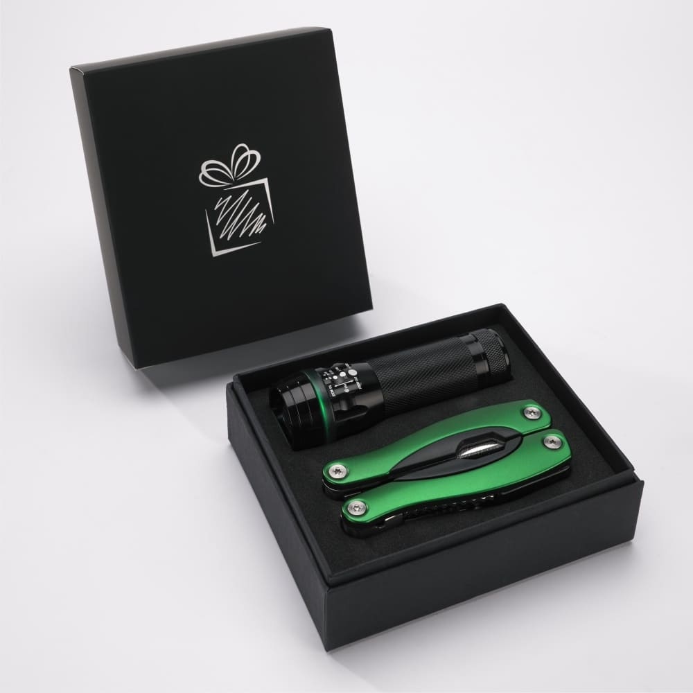 Logotrade mainoslahja tuotekuva: Lahjasetti Colorado II - taskulamppu ja iso monitoimityökalu, vihreä