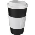 Americano® 350 ml muki, läikyttämätön kansi, grippi , Tasainen musta/valkoinen