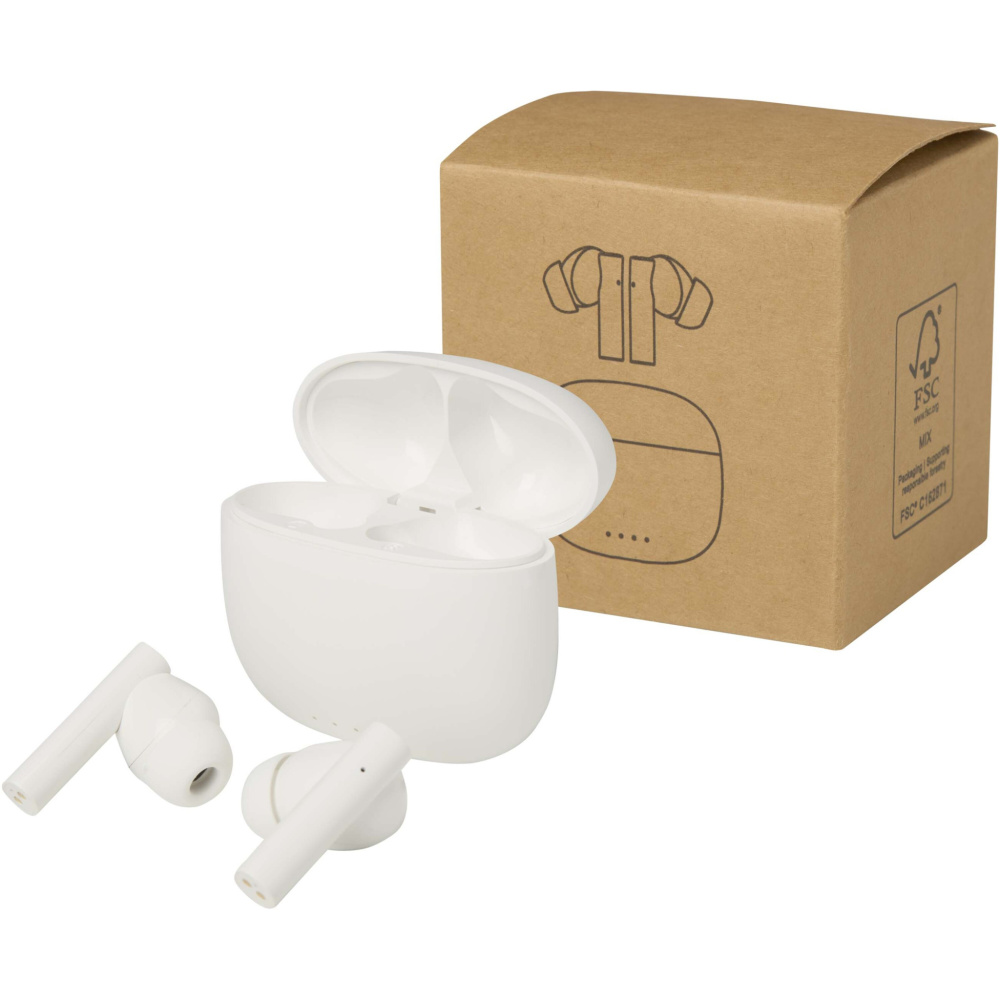 Logotrade dovana nuotrauka: „Alterf“ perdirbto plastiko „True Wireless Bluetooth®“ ausinės su silikoniniais ausų antgaliais